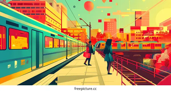 Urban Train Station Illustration With People Waiting