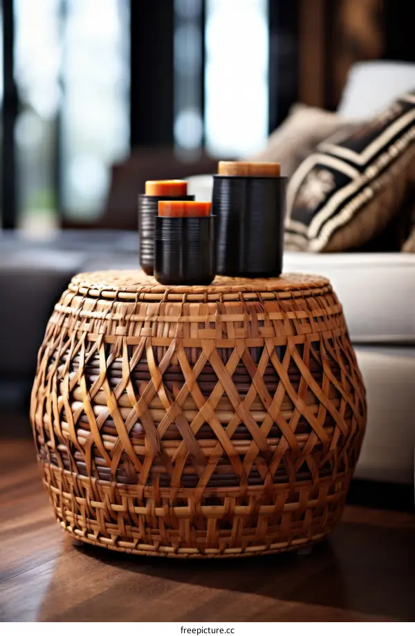 A stylish living room with a woven basket coffee table