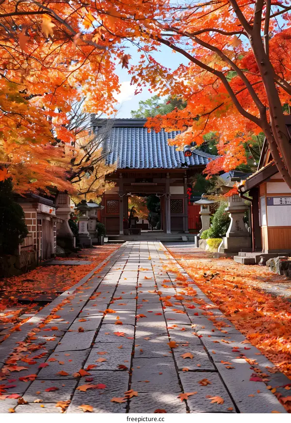A path covered with fallen red maple leaves leads to a temple gate in autumn