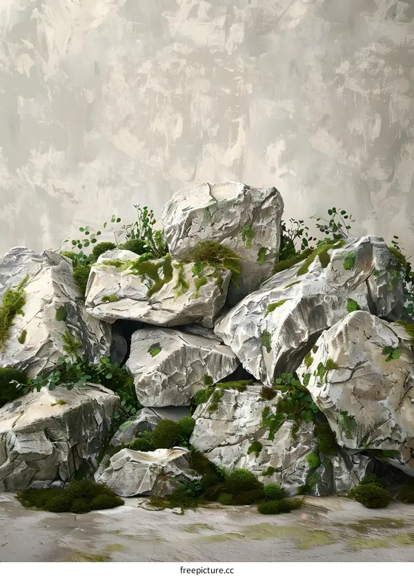 Gray Rocks and Green Moss On A Concrete Floor