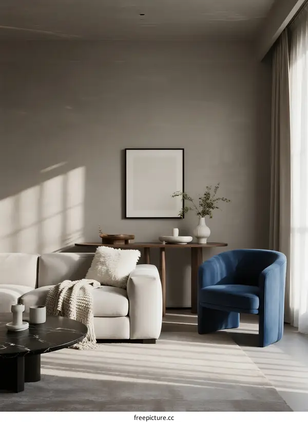 Modern Living Room Interior with Neutral Color Scheme and Soft Lighting