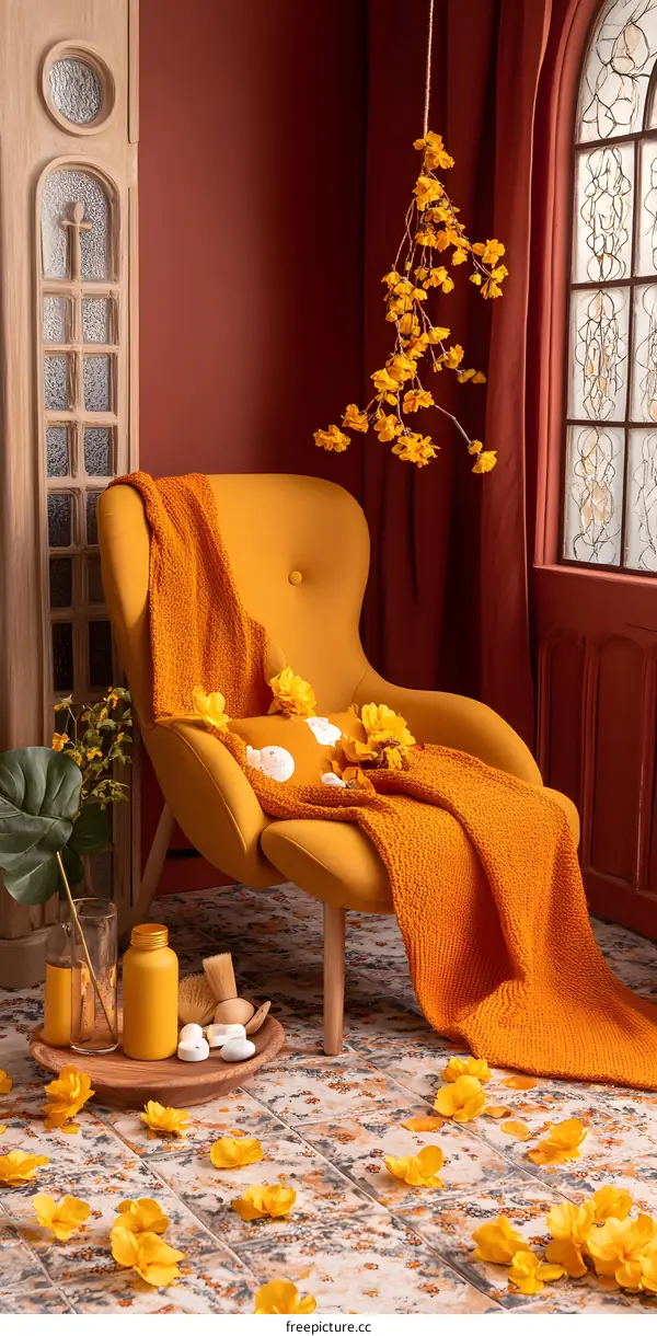 Yellow Chair with Throw Blanket and Flowers in a Room with Red Walls