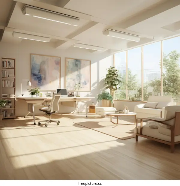 Modern Office Interior with Large Window and City View