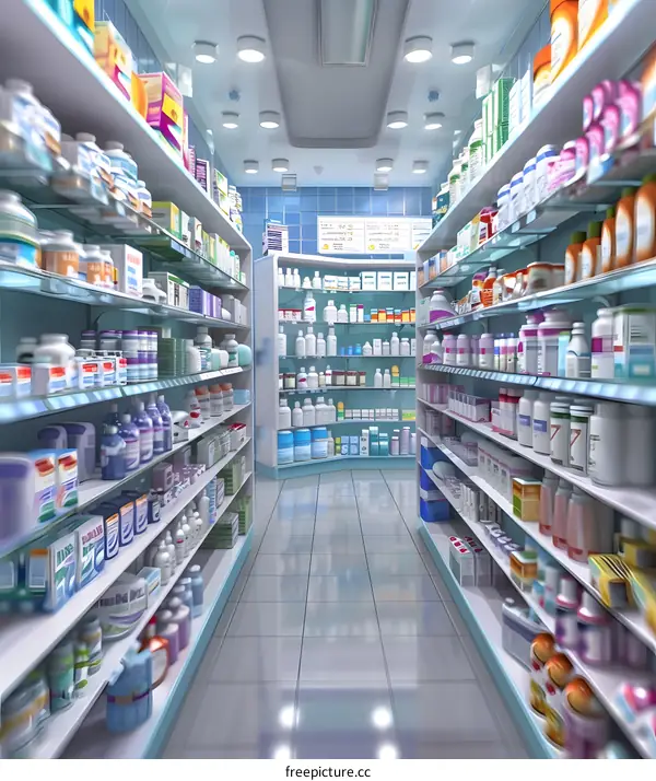Empty Pharmacy Aisle With Shelves Full Of Medicine Bottles