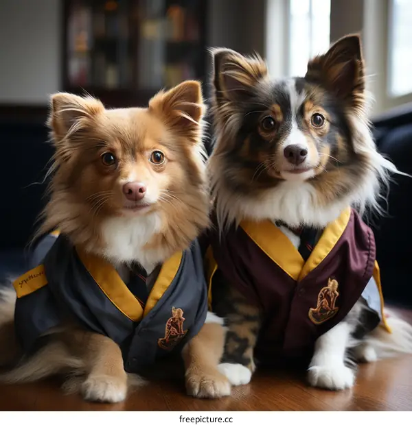 Two Poodle Dogs Wearing Hogwarts House Uniforms