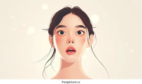 An illustration of a young woman with brown hair and brown eyes looking surprised with her mouth slightly open