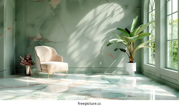 Eco-friendly modern interior of a room with marble tiles and large windows