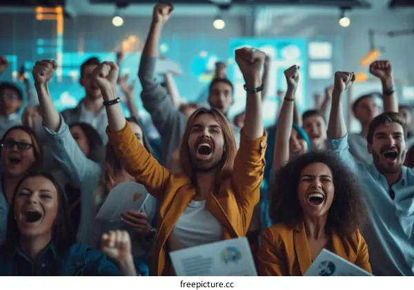 Diverse group of people celebrating their success with arms raised in the air