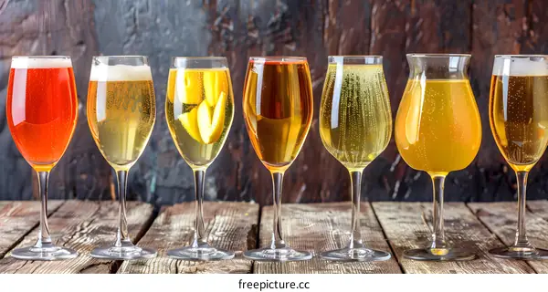 Row of Different Alcoholic Beverages in Glasses on Rustic Wooden Table