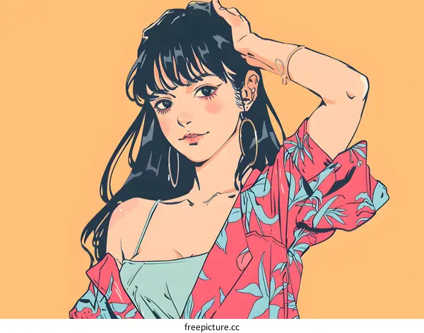 Beautiful Girl With Black Hair Wearing Floral Shirt