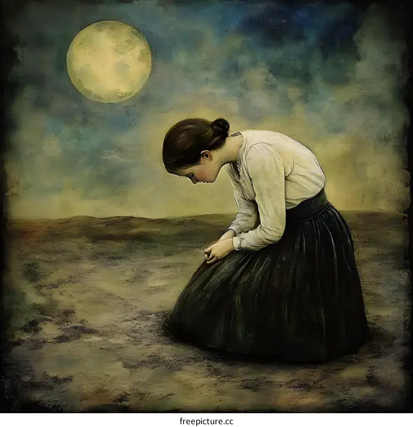 Woman Kneeling under the Moon in a Field
