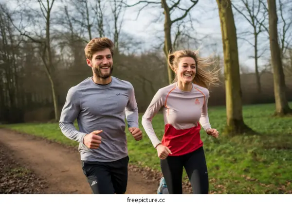 Couple running in the woods