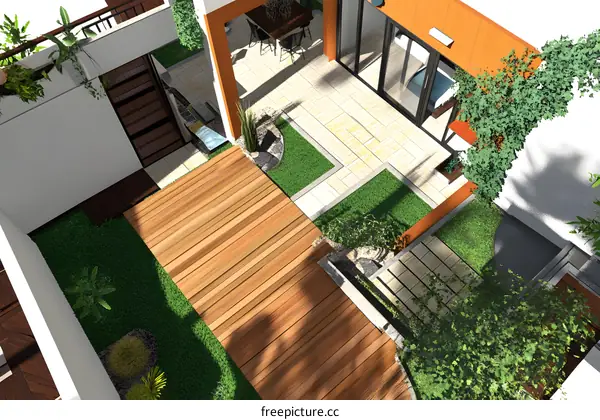 Modern Minimalist Backyard Design with Wooden Deck and Green Grass