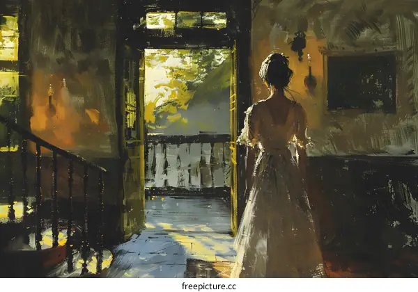 Woman in White Dress Looking Out of a Window