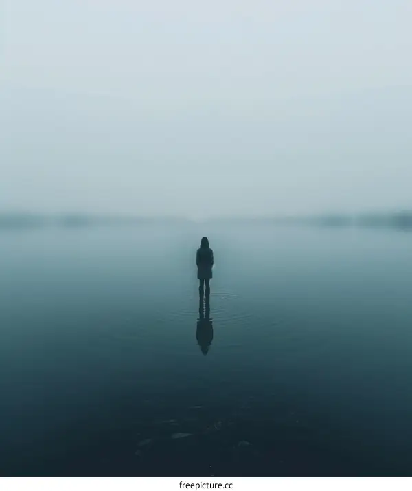 Person standing alone in the middle of a lake on a foggy day