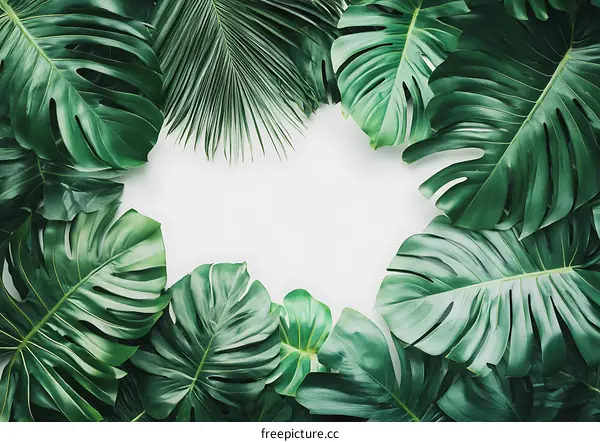 Tropical Green Leaves Frame On White Background