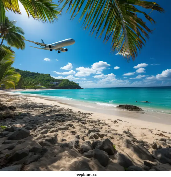 airplane landing on tropical beach with palm trees