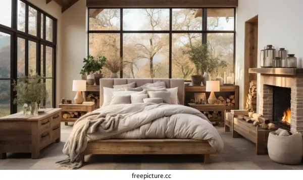 A cozy bedroom with a fireplace and a view of the woods