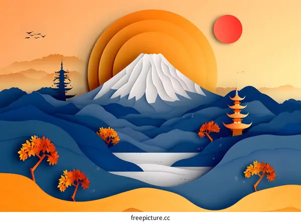 Paper Cutout Mount Fuji Landscape