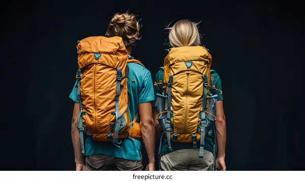 Two people with backpacks standing in front of a black background