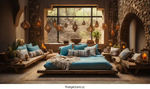 A bedroom with a large bed, a sitting area, and a fireplace