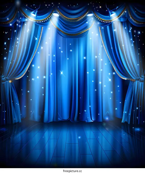 Blue Stage Curtains with Spotlight and Stars