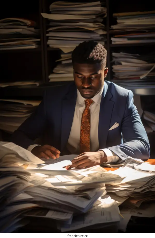 Young African-American man reading through a large stack of documents