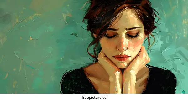 An oil painting of a pensive young woman with her eyes closed
