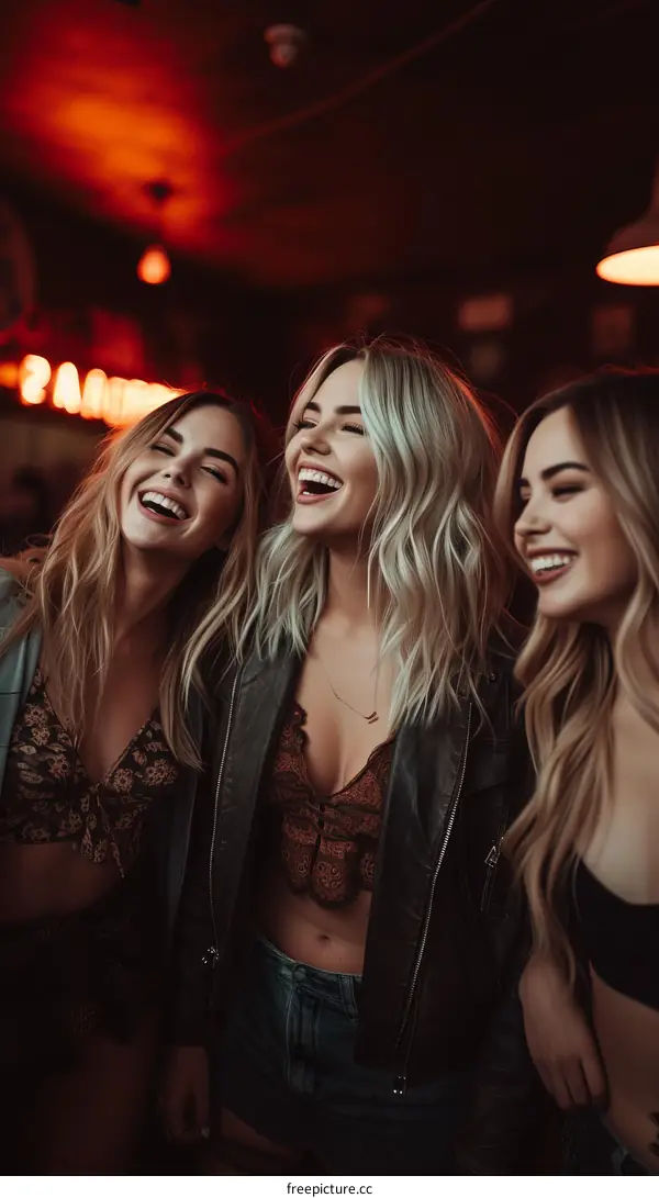 Three young women laughing together in a bar