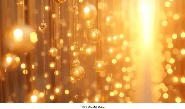 golden balls hanging from strings with a warm golden background