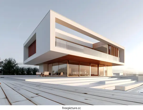 Modern Architecture Design of a White House with a Wooden Deck