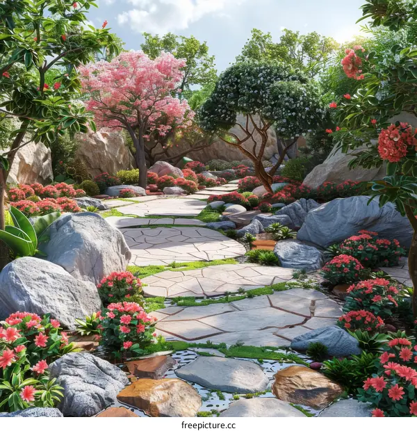 Stone path through a gorgeous garden with pink and white flowers and lush green trees