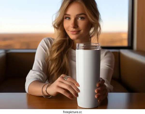 Blonde woman holding a white tumbler