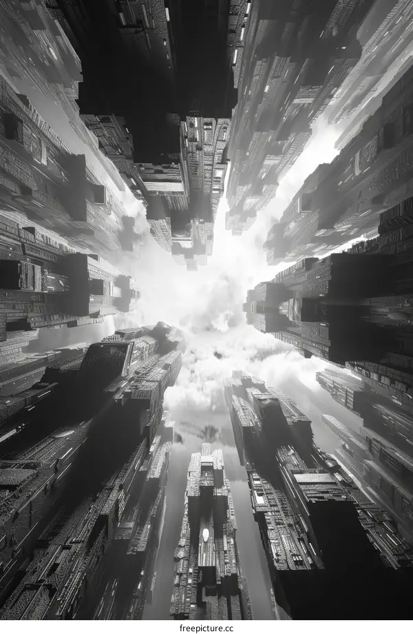 A black and white image of a city with tall buildings