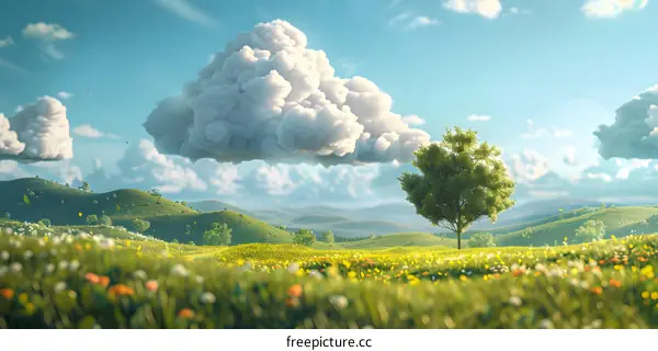 Fluffy clouds over green hills