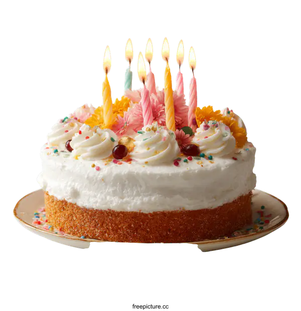 [Transparent Background PNG]Birthday Cake with Colorful Candles and Flowers