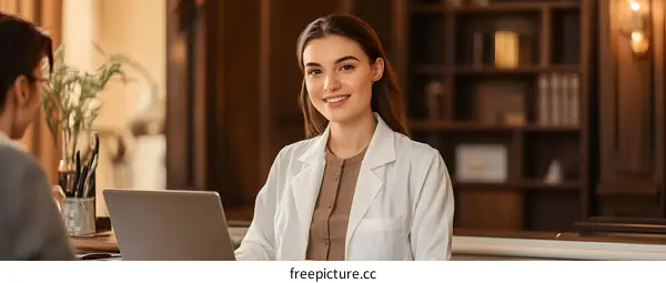 Smiling Female Doctor in White Coat Using Laptop in Office