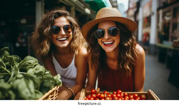 Two young women are smiling and holding a basket of tomatoes.