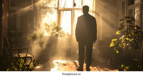 Man Standing in Room With Light Shining Through Window