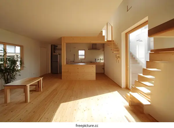 Modern Wooden House Interior with Staircase and Kitchen