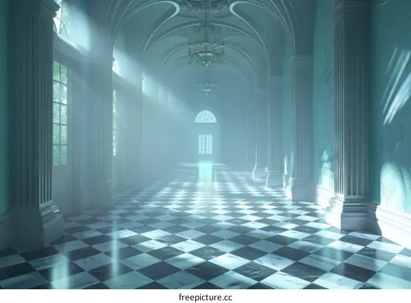 A Palatial Hallway With Intricate Tiled Floor and Majestic Windows