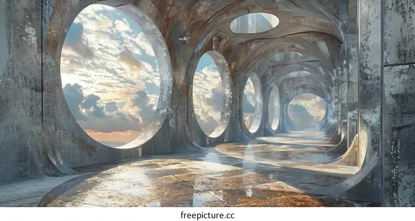 Futuristic Concrete Building Interior with Large Circular Windows