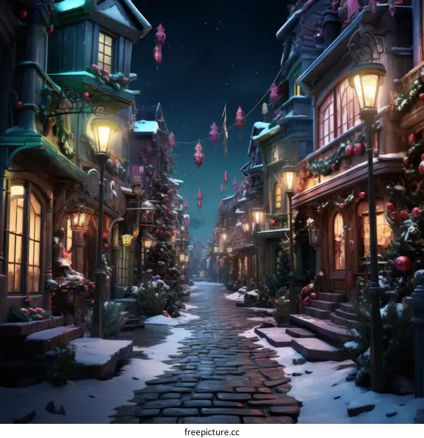 A Snowy Christmas Street with Christmas Trees and Lanterns