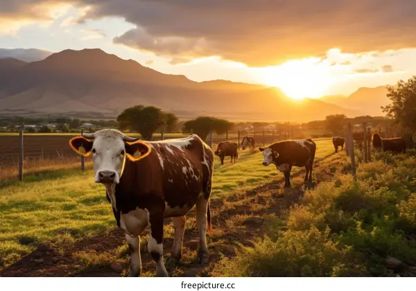 Cows grazing in a lush green field with mountains in the background