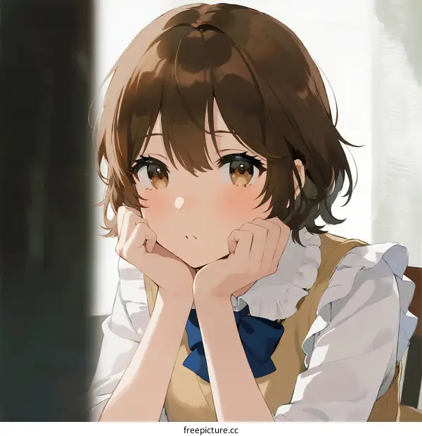 A young brown-haired girl with hands under chin in white blouse