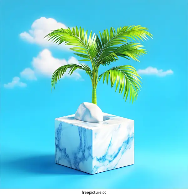 Minimalist Palm Tree on Marble Cube with Blue Sky Background