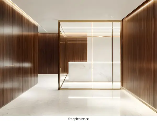 Modern Office Interior Design with Glass Partitions and Marble Counter
