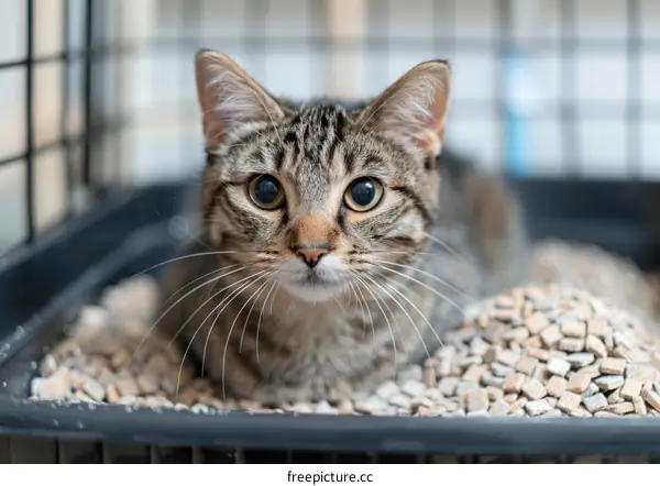 Cat in a litter box looking at the camera