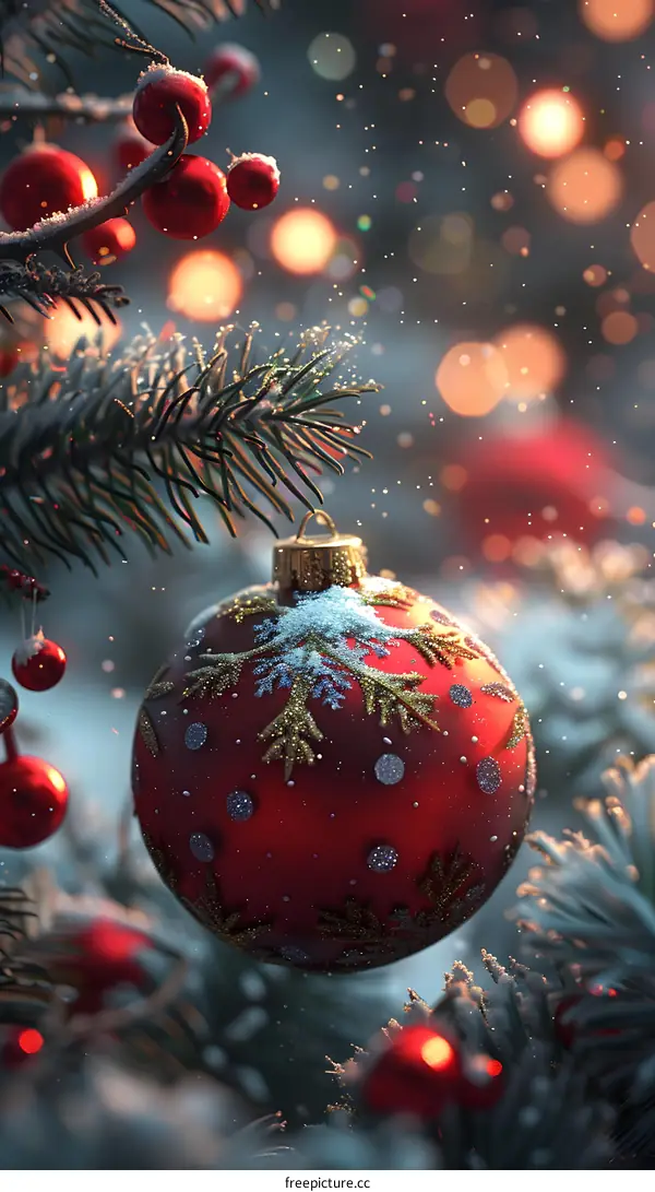 Red Christmas Ornament Hanging on a Snowy Tree Branch