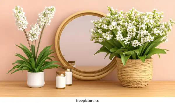 White Flowers in a Basket and a Pot with Mirror on a Wooden Table